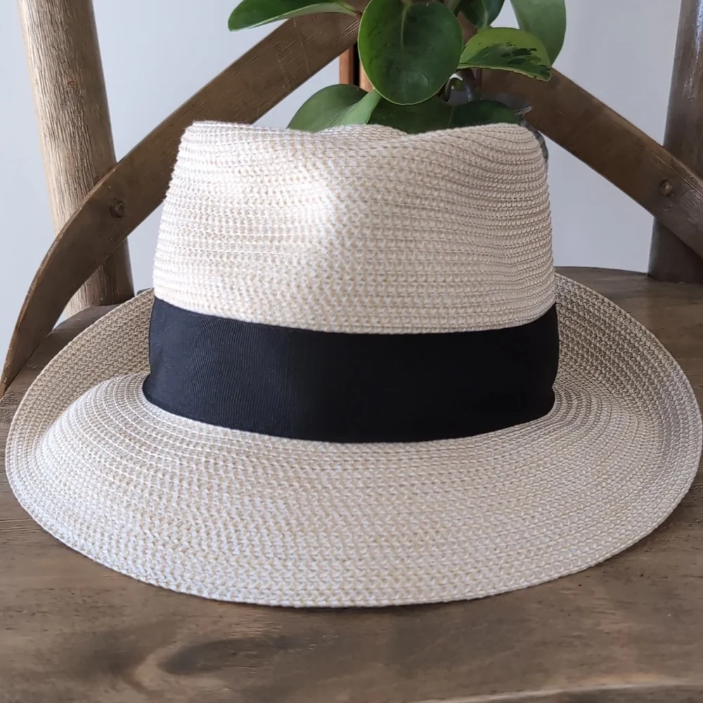 Eric Javits Classic Squishee Straw Packable Fedora Sun Hat Cream/Black - Picture 5 of 16